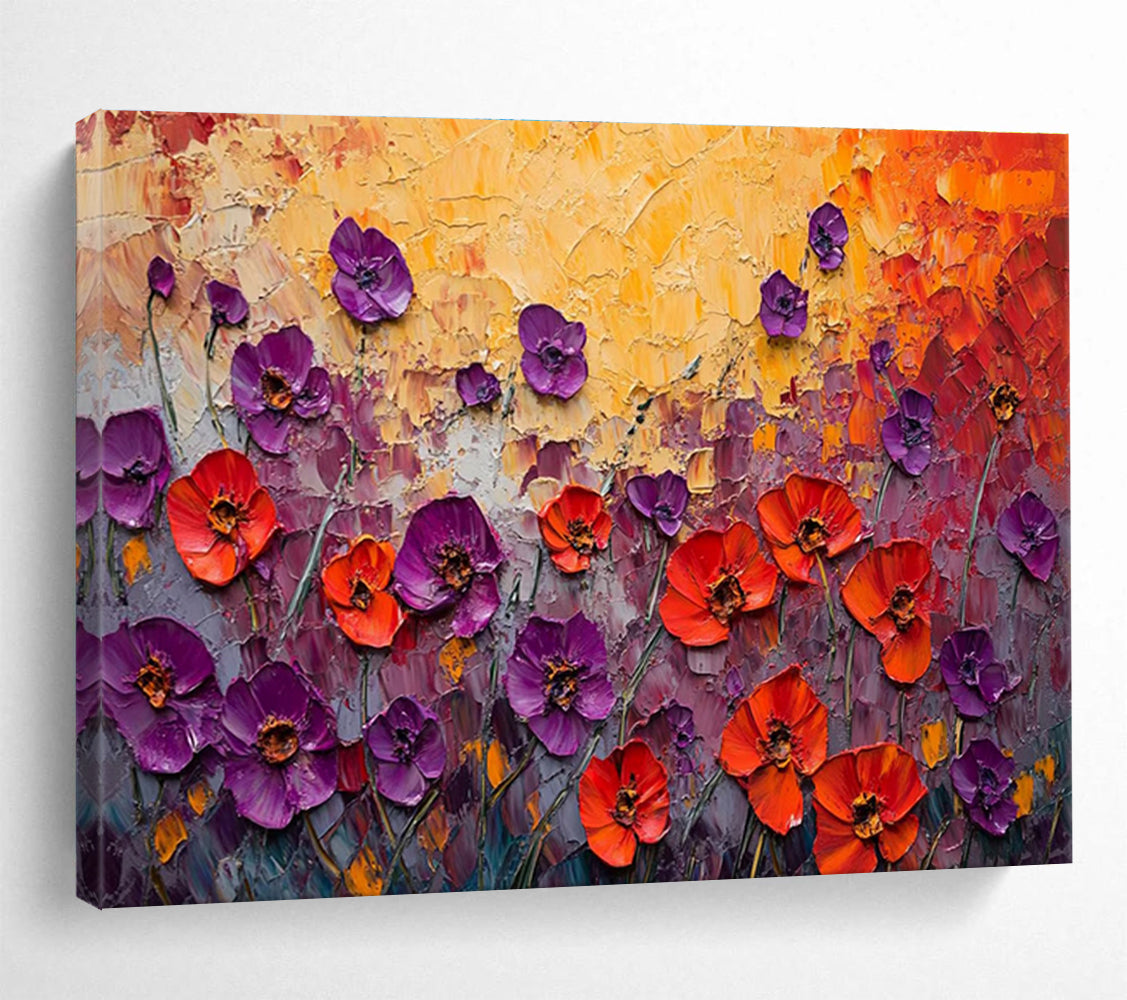 Textured Poppy Field - Purple, Red & Orange Floral Painting On Canvas DKH901