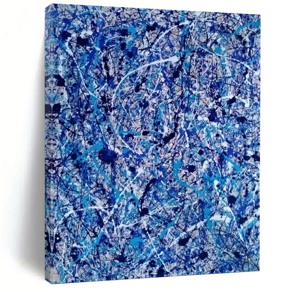 “Chaotic Blue Web” - Blue, White, and Black Abstract Drip Painting On Canvas DKH1560