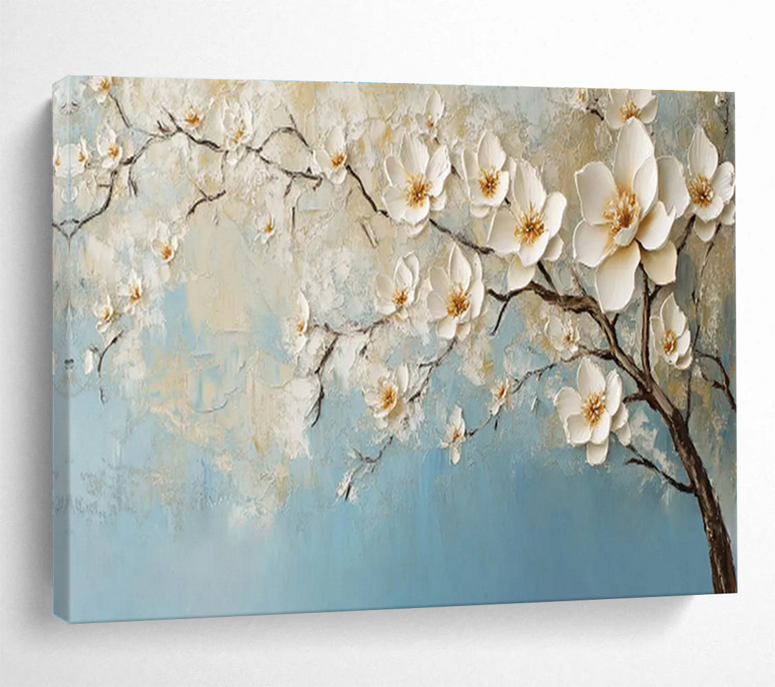 Textured White Blossoms on Blue Painting On Canvas DKH671