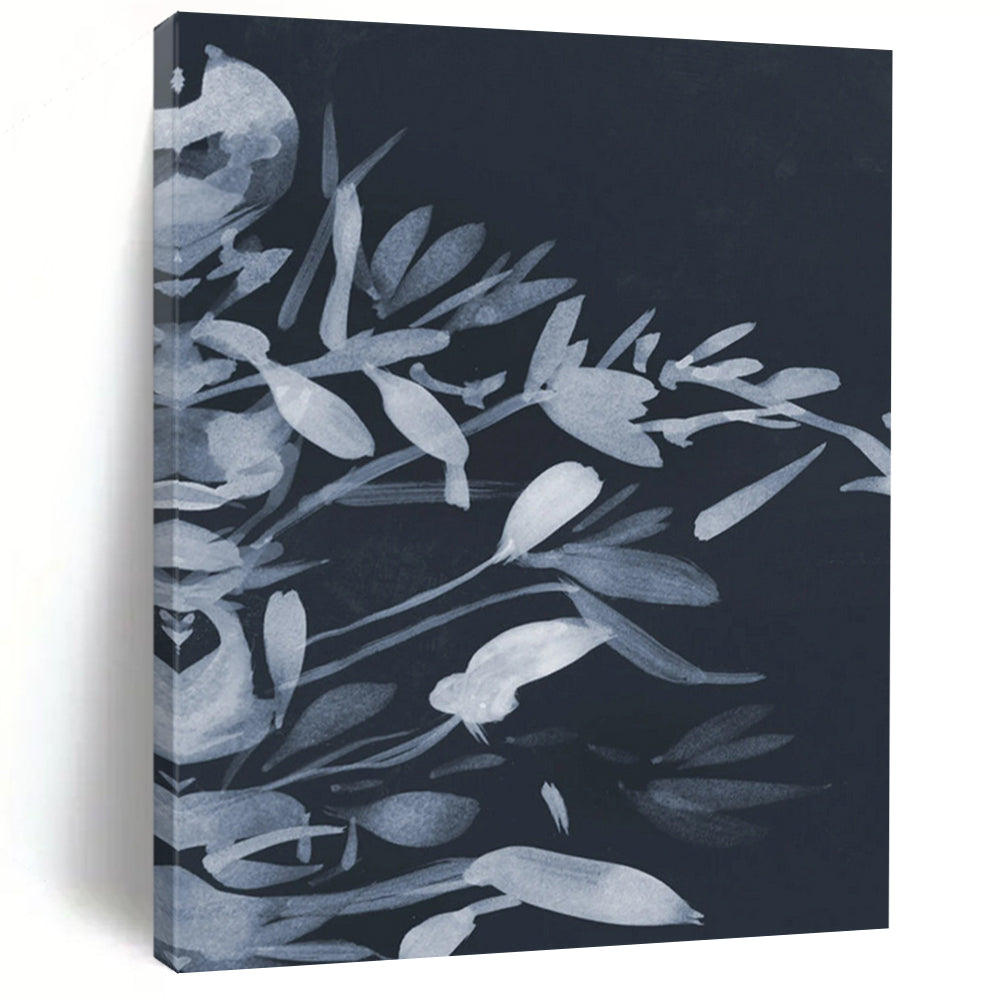 “Monochrome Floral Silhouette” - Dark Blue, Light Blue Floral Painting On Canvas DTP239