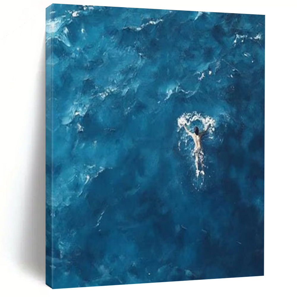 “Solitary Swimmer in Azure Sea” – Minimalist Seascape Painting CT1065