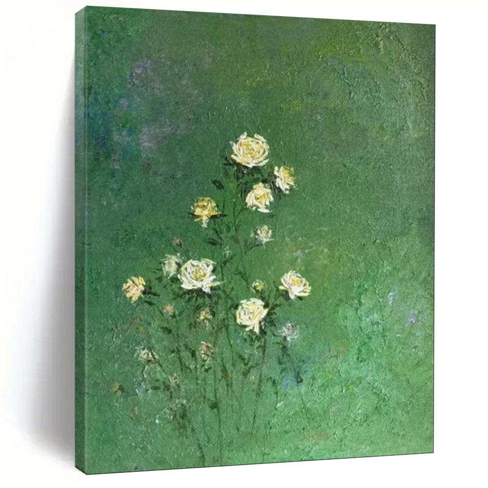 “Yellow Flowers on Green Background” - Impressionistic Floral Oil Painting CT1978