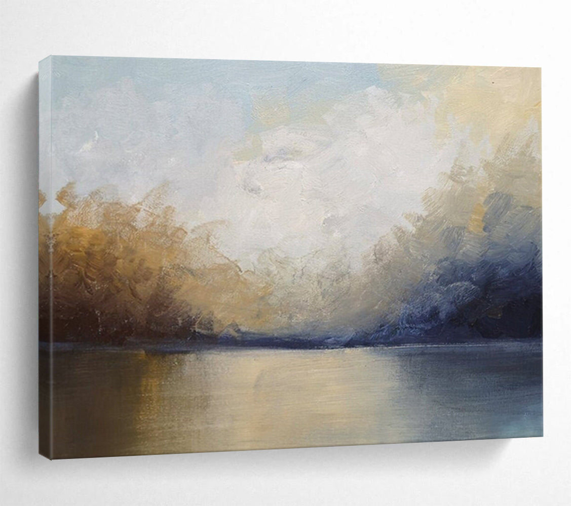 “Blue, Gold, Gray Lakeside ‘Tranquil Dusk’” - Abstract Landscape Painting On Canvas DLZ009