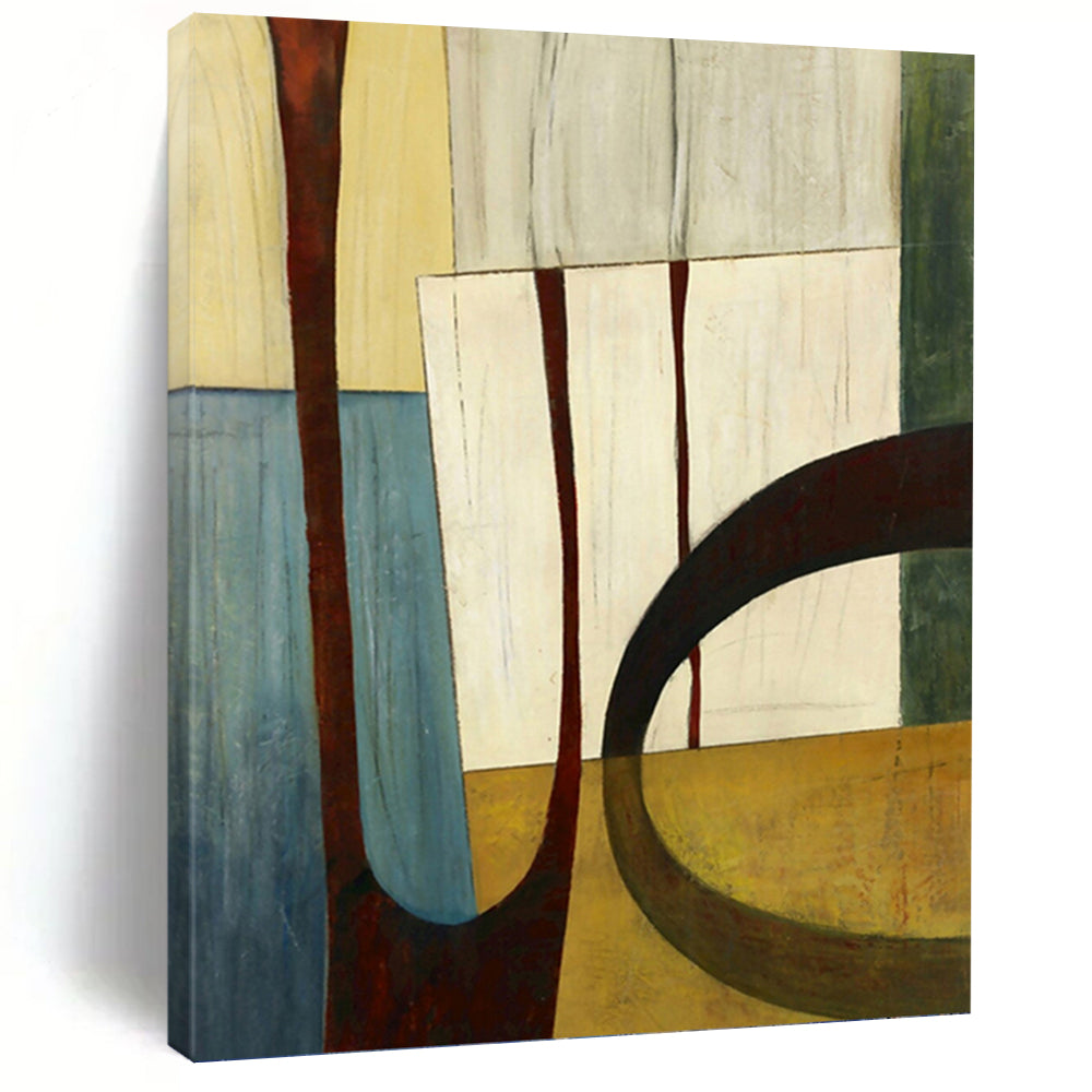 “Geometric Shapes in Earth Tones” - Brown, Beige & Blue Cubist - Inspired Painting On Canvas DKH0949