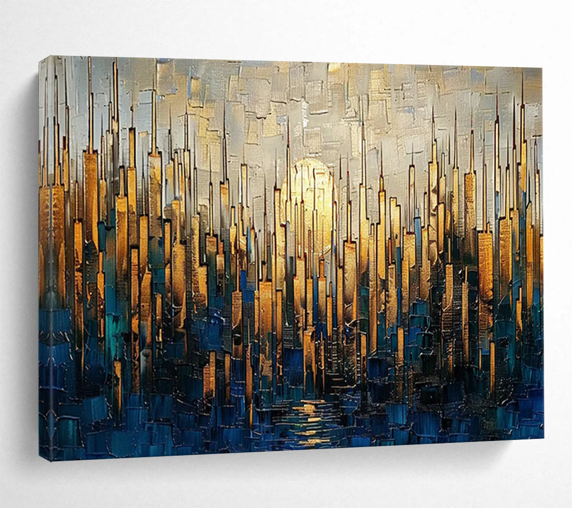 Golden Cityscape at Sunset - Textured Urban Landscape Painting On Canvas DLZ172