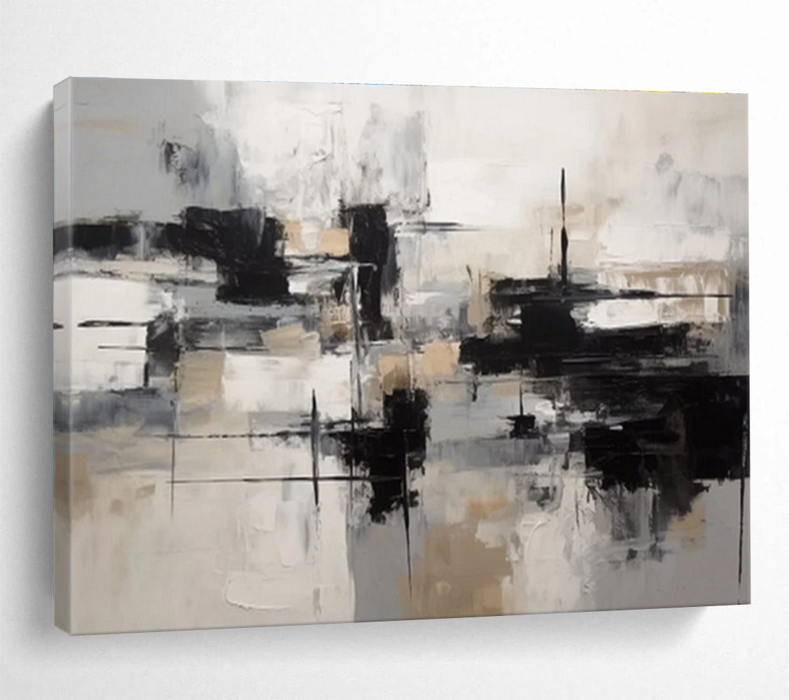 “Black, White & Beige Geometric Abstraction” Geometric Abstract Painting On Canvas DKH335