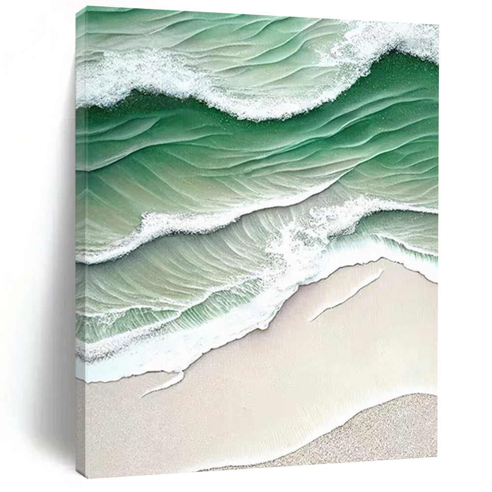 “Green - White Wave Aerial” - Green, White, Beige Coastal Aerial Painting On Canvas DTP290