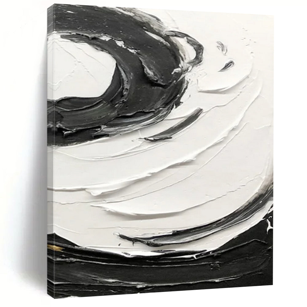 “Black, White Textured Swirls ‘Bold Rhythm’” - Impasto Abstract Painting On Canvas DTP380