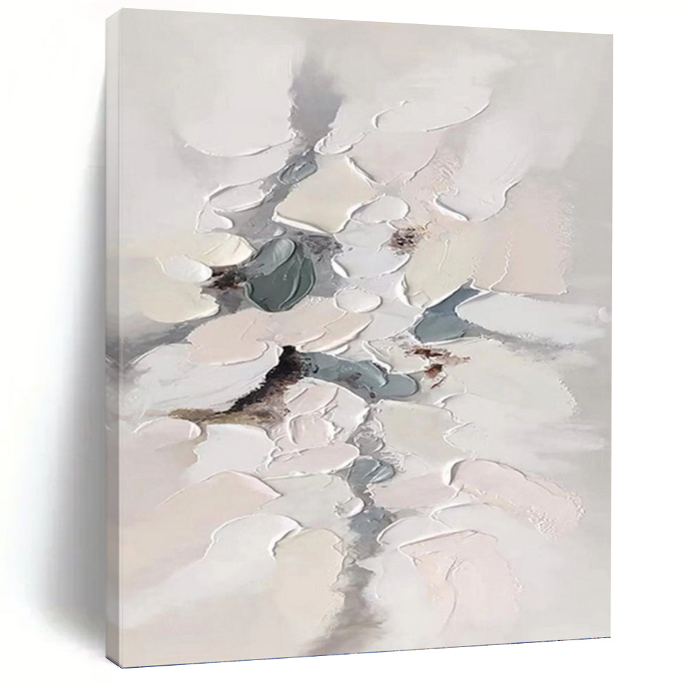 “Soft Impasto Blooms” - White, Gray & Blue Textured Abstract Painting On Canvas DKH1174