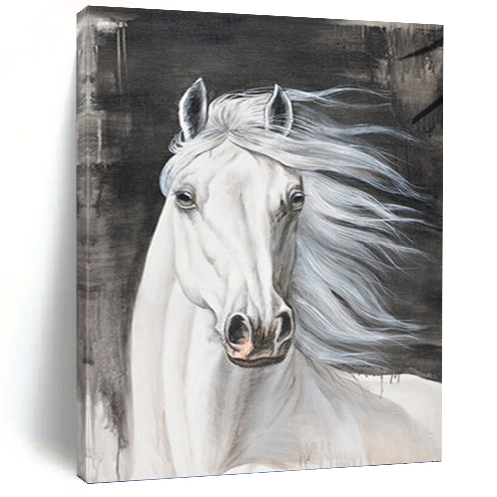 “Majestic Steed” - White Horse with Gray Background Realistic Painting On Canvas DKH1529