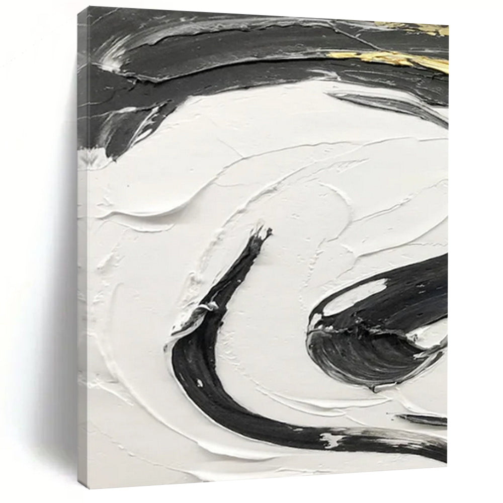 “Black, White, Gold Textured Swirls ‘Opulent Energy’” - Impasto Abstract Painting On Canvas DTP378