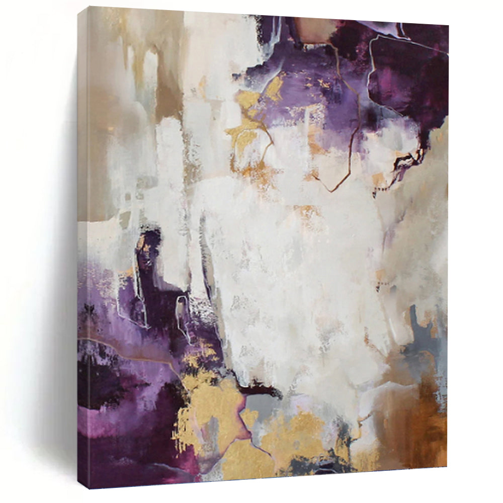 “Purple, Gold & White Abstract” - Purple, Gold & White Opulent Painting On Canvas DKH1009