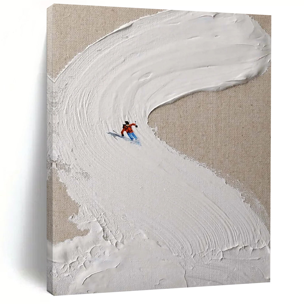 “White, Red, Blue Skiing Scene ‘Snowy Trail’” - Impasto Ski Landscape Painting On Canvas DTP311