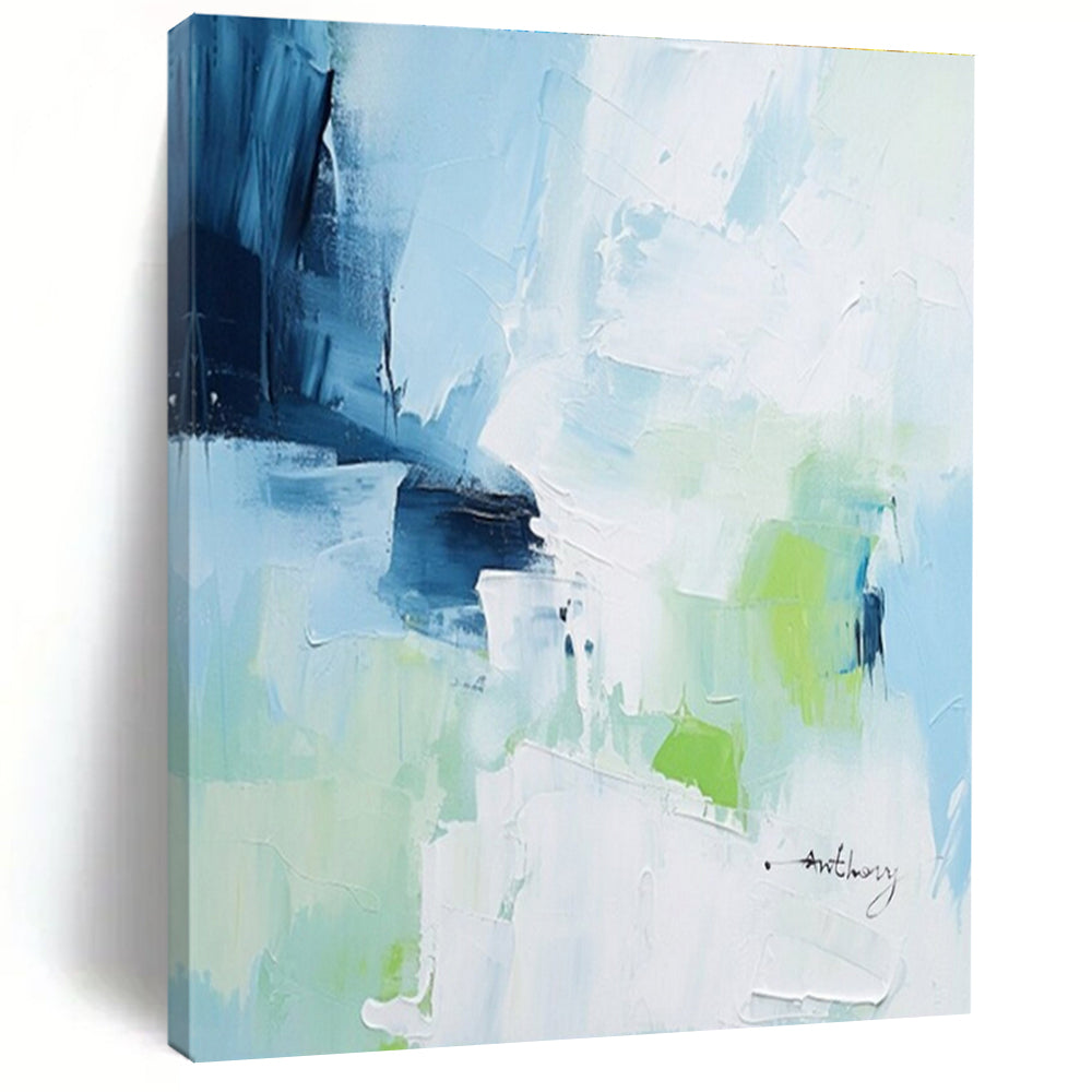 Blue, Green & White Abstract Strokes, “Fresh Breeze” - Impasto Abstract Painting CT0769