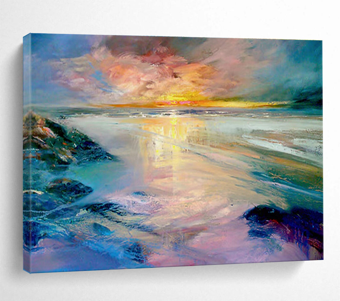Colorful Sunset Beach Scene Impressionistic Painting On Canvas DKH213