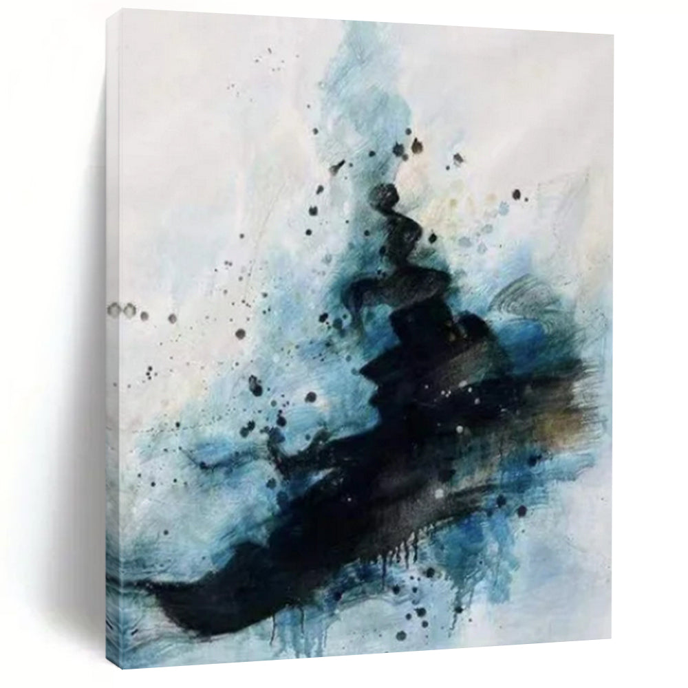 Black, Blue & White Splattered Ink Vibe - Abstract Painting On Canvas CT2306