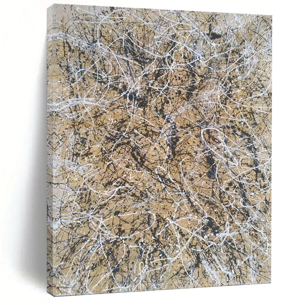 “Beige and Black Web” - Beige and Black Abstract Drip Painting On Canvas DKH1574