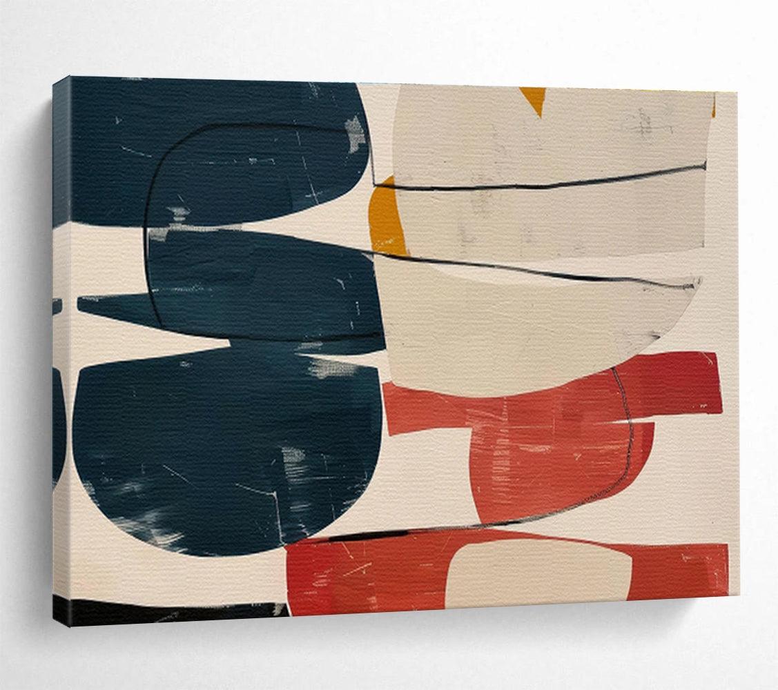 Colorful Geometric Collage with Blue, Red, and Beige, Abstract Modernist Painting On Canvas DKH590