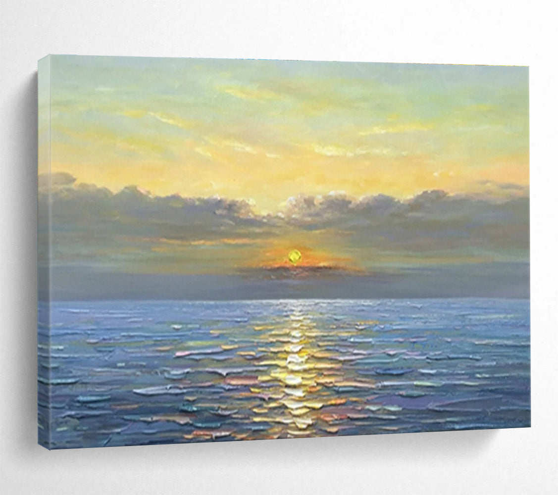 Sunset Over Ocean - Warm Yellow, Orange & Blue Seascape Painting On Canvas DKH883