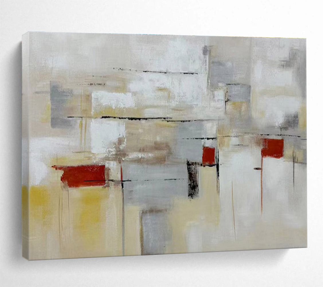 “Neutral Tones Abstract Geometry” - Beige, Gray, Red Minimalist Abstract Painting On Canvas DKH750