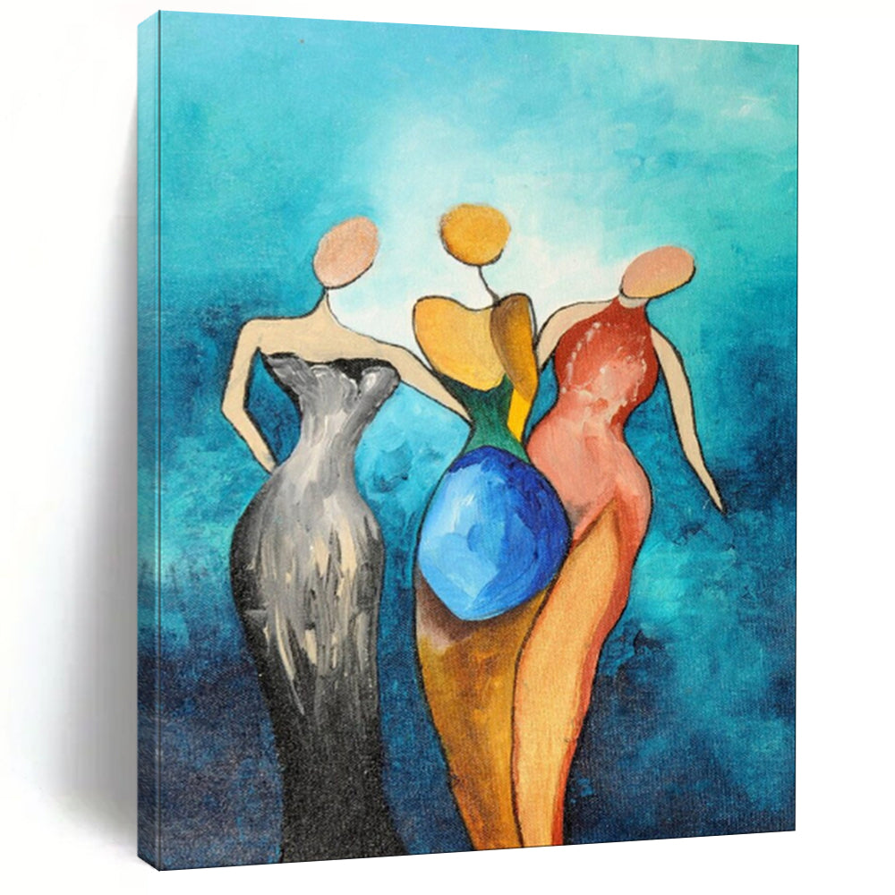Turquoise, Multi - colored Figures - "Sisterhood in Hues" - Abstract Figurative Painting CT1813