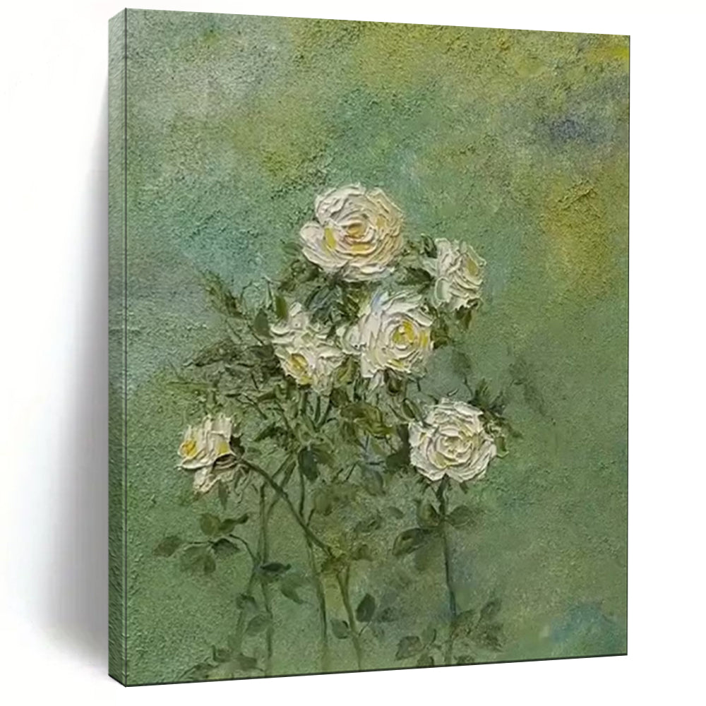 “White Roses on Green” - Textured Floral Painting CT1987