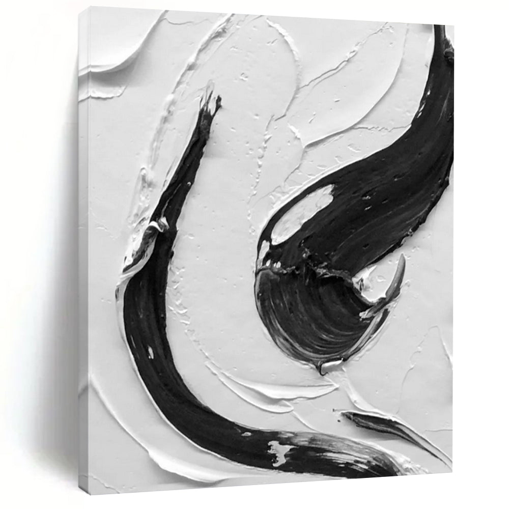 “Black, White Textured Swirls ‘Dynamic Balance’” - Impasto Abstract Painting On Canvas DTP377