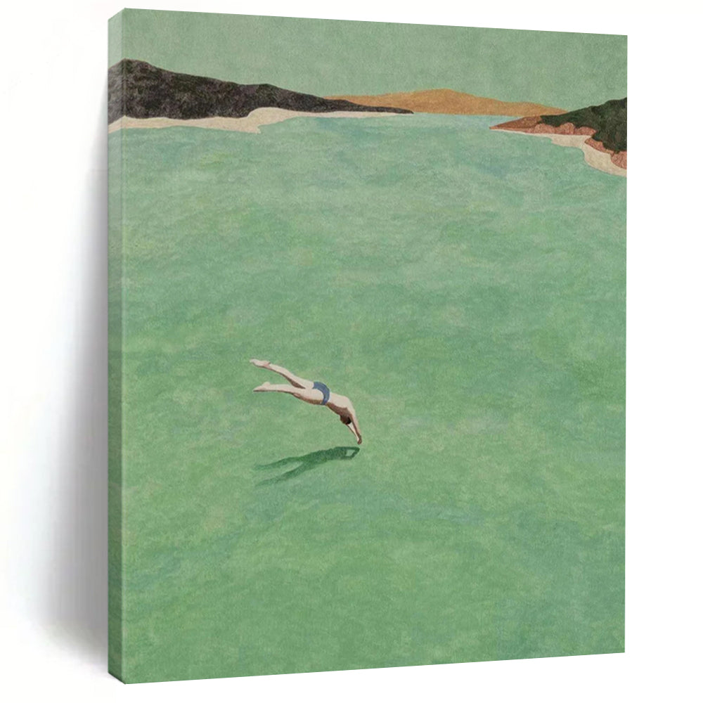 “Diver in Green Water” - Green, Blue, Brown Landscape Painting On Canvas DTP304