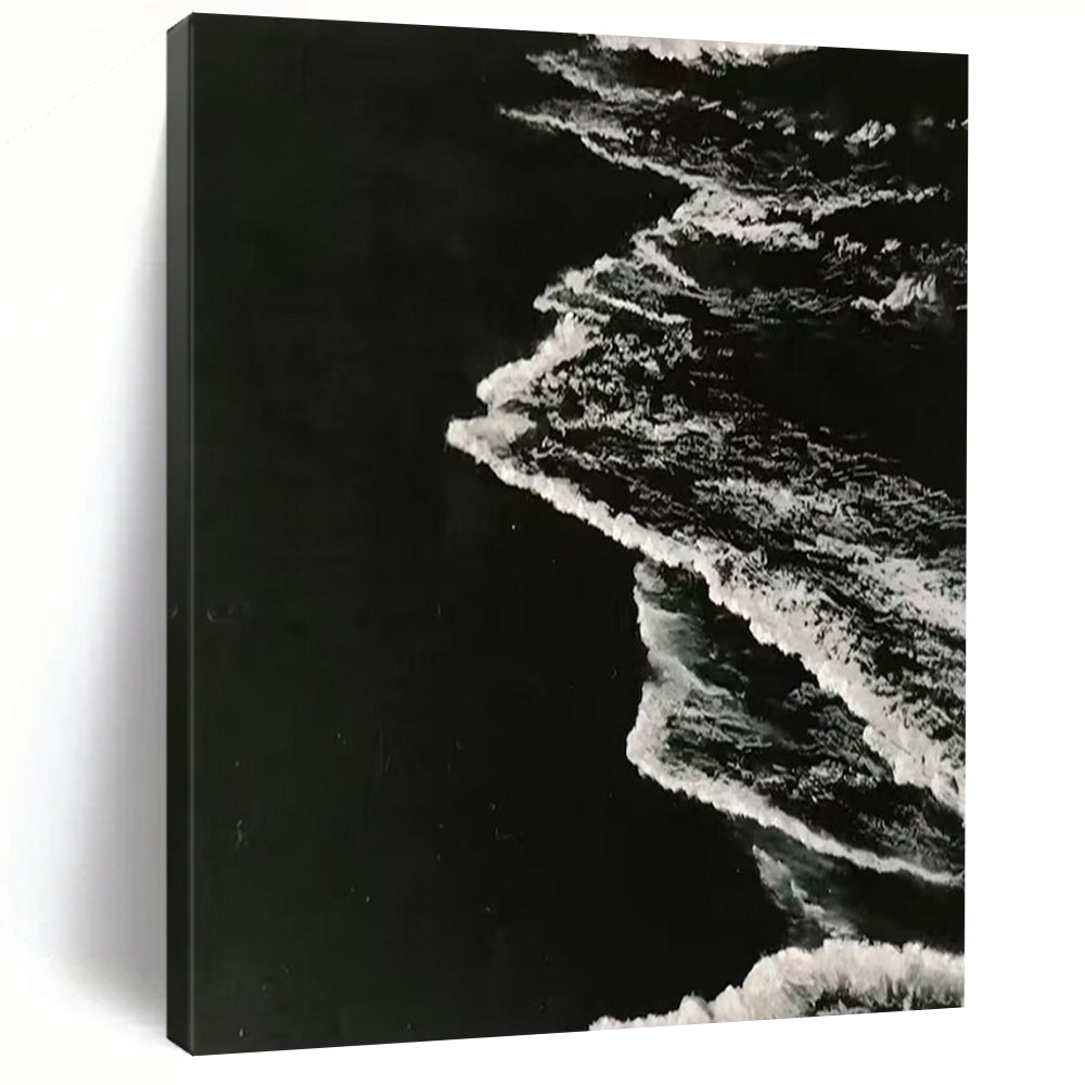 “Black, White Textured Waves ‘Nocturnal Tide’” - Impasto Monochrome Sea Painting On Canvas DTP349