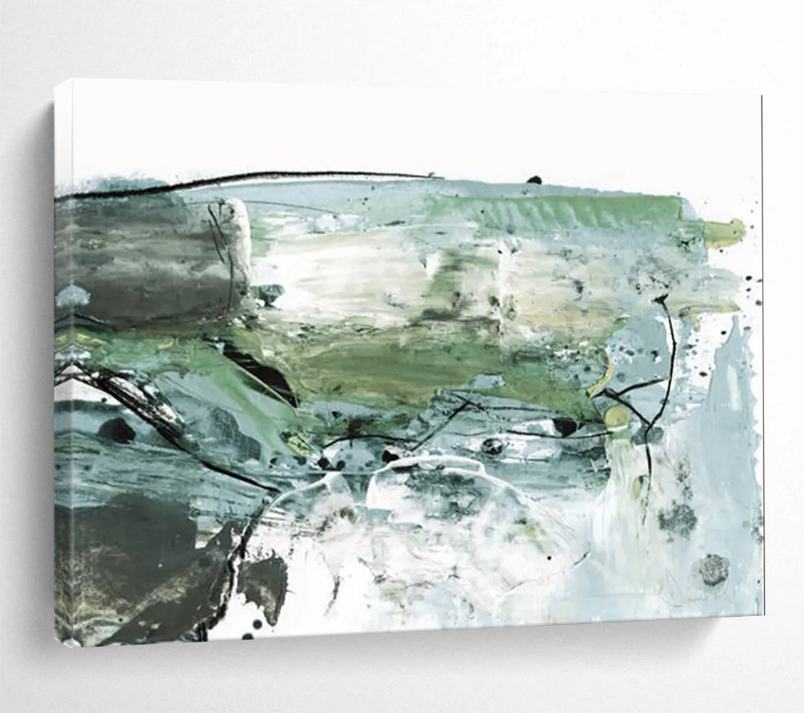 “Earthy Green and Blue Abstract” Mixed - media Abstract Painting On Canvas DLZ139