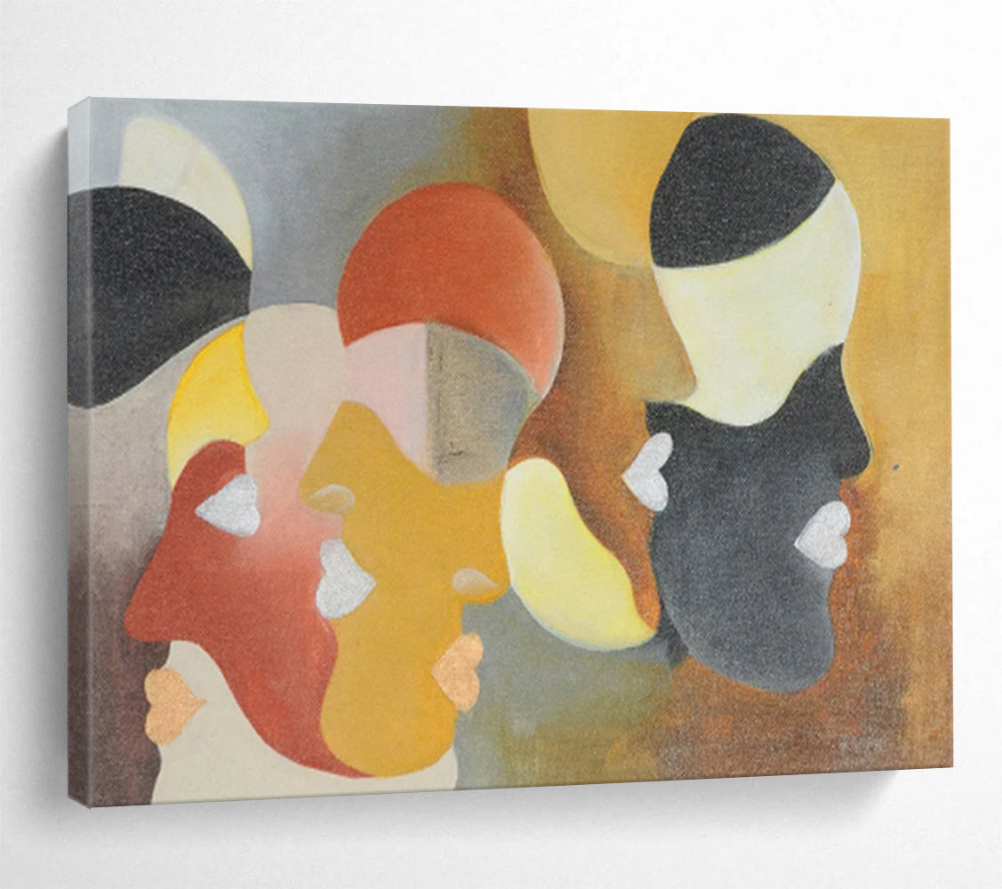 “Geometric Faces in Muted Hues - Reds, Yellows, and Blacks” Painting On Canvas DKH003