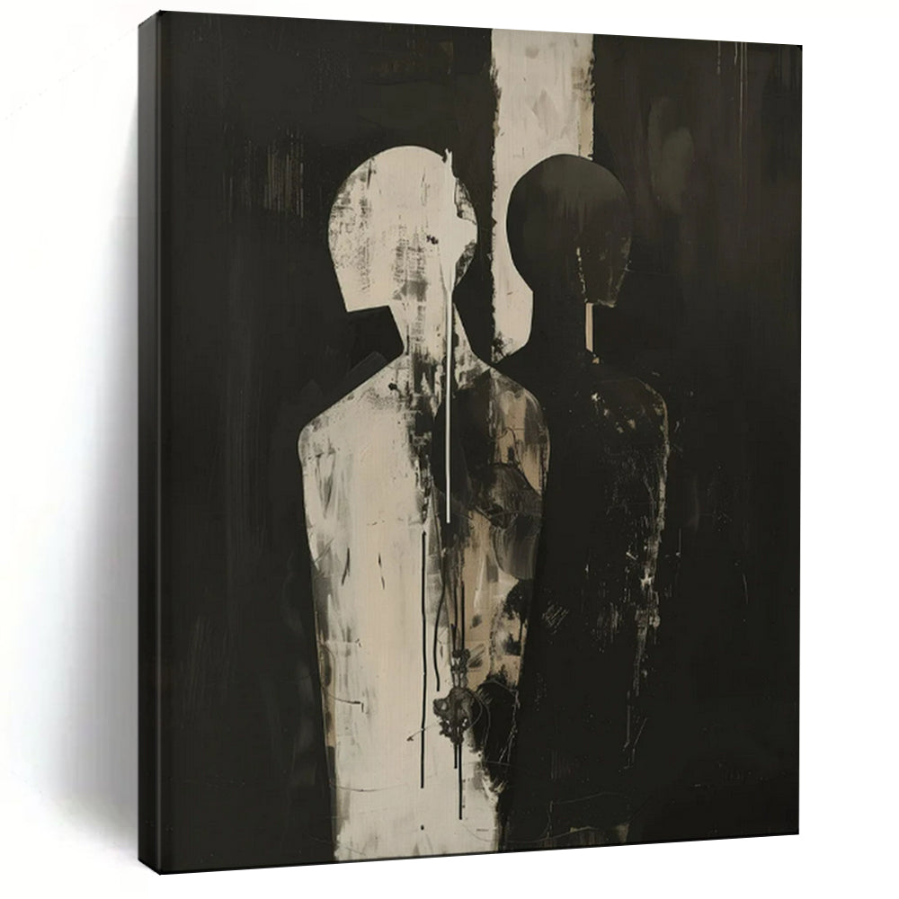 “Black and White Abstract Figures” – Expressionistic Oil Painting On Canvas CT2171