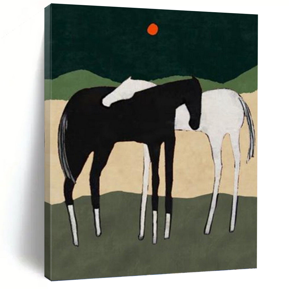 Horses in Landscape with Red Sun - Equine Landscape Painting On Canvas DKH1412