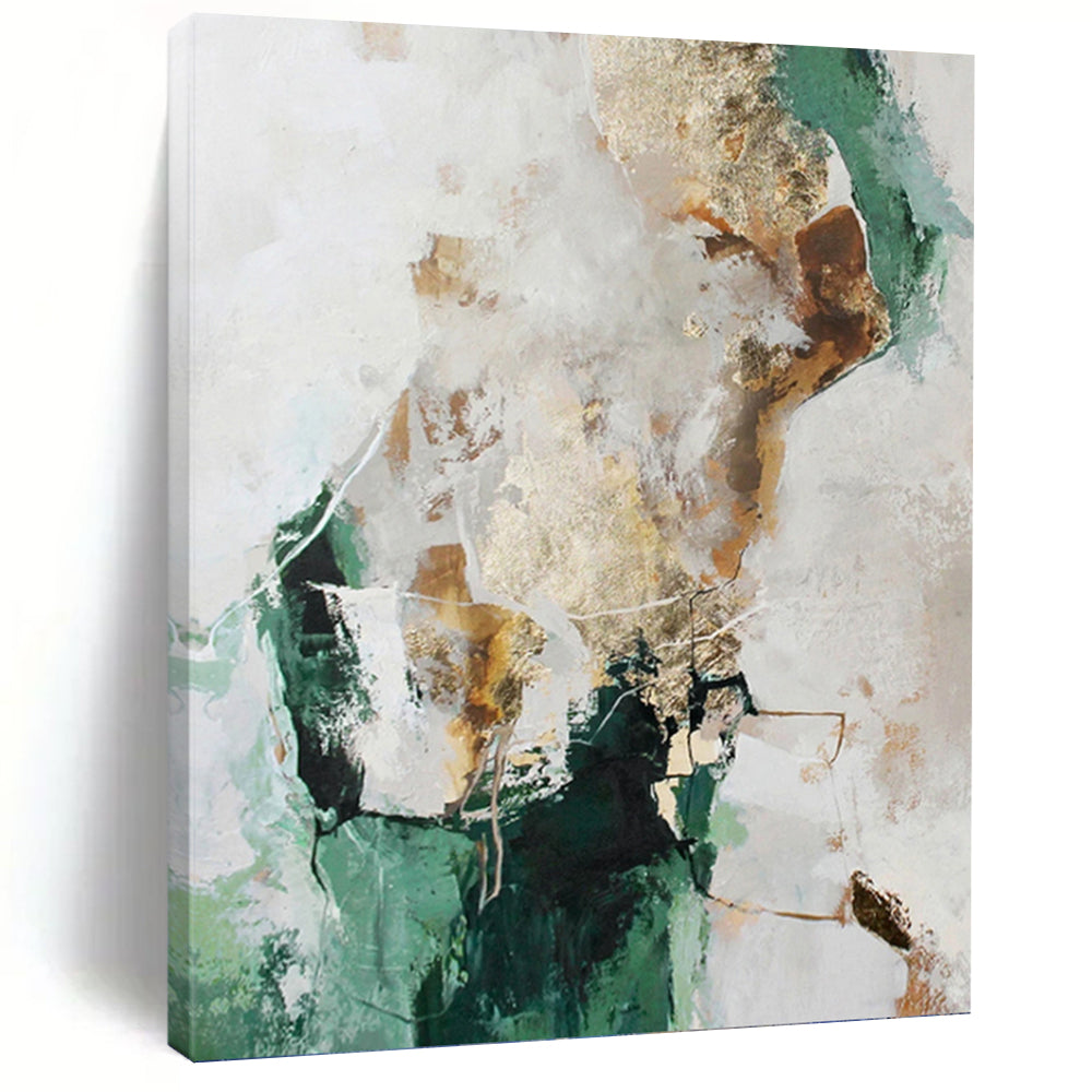 “Green, Gold & White Abstract” - Green, Gold & White Modernist Painting On Canvas DKH1008
