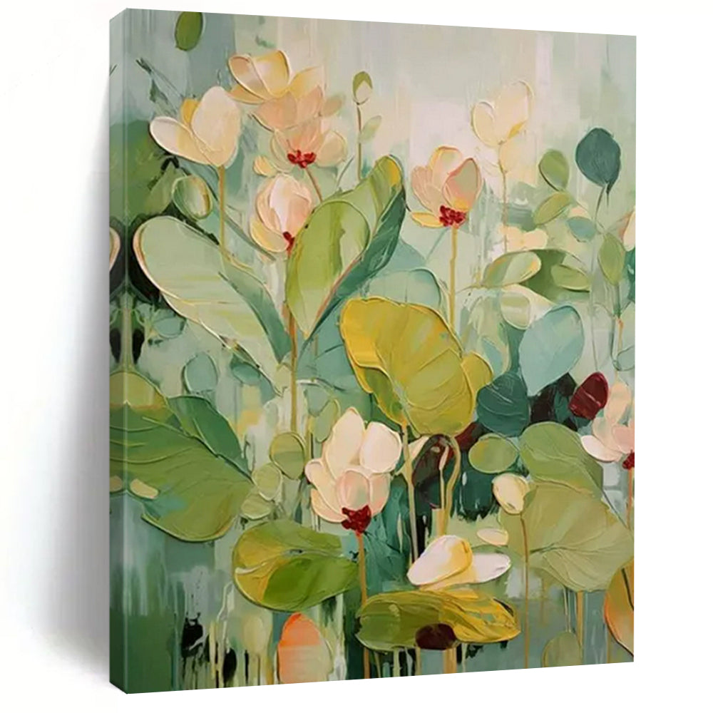 “Textured Flowers 2” - Green & White Floral Painting On Canvas CT2237