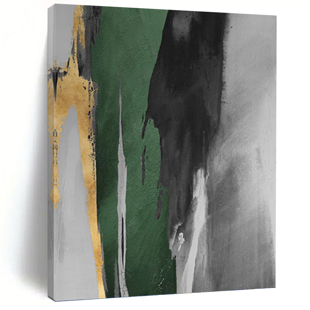 “Gold, Green & Gray Abstract Drips” - Gold, Green, Gray & Black Abstract Painting On Canvas DKH1198