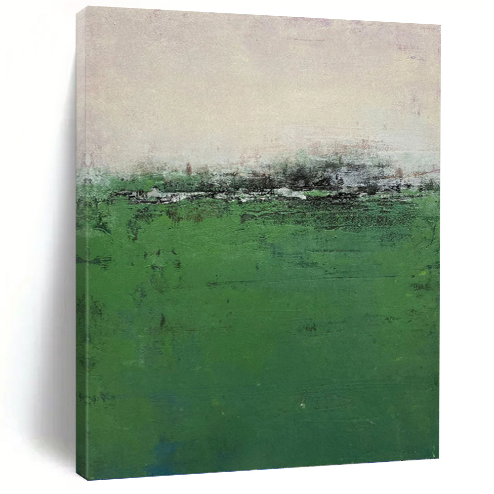 “Misty Green Field” - Green & Gray Abstract Landscape Painting On Canvas DKH1207