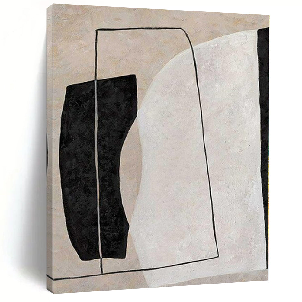 “Beige, Black, and White Geometric Composition” – Minimalist Geometric Painting(Variation) CT1123