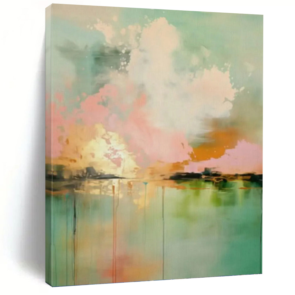 “Teal, Pink & Orange Abstract Sky Reflection” Painting On Canvas DKH0994