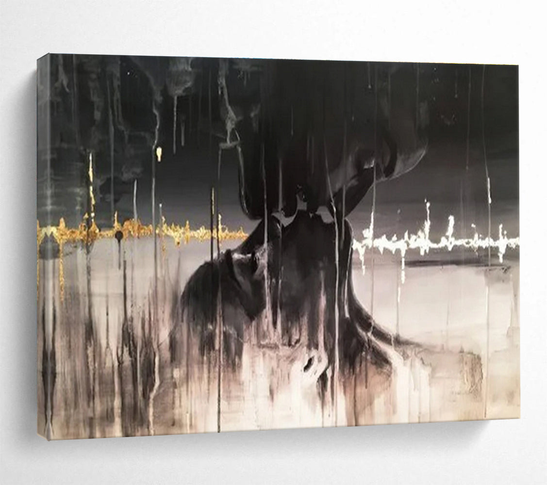 Dark Abstract Figure - Black, White & Gold Figurative Painting On Canvas DKH900