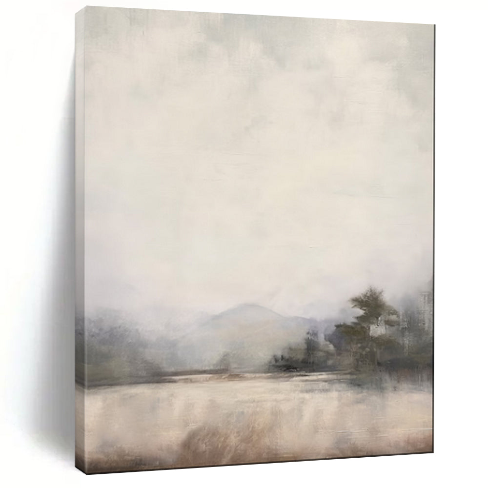 “Misty Lake Dreamscape” – Impressionistic Landscape Oil Painting with Soft Gray and Beige CT2056