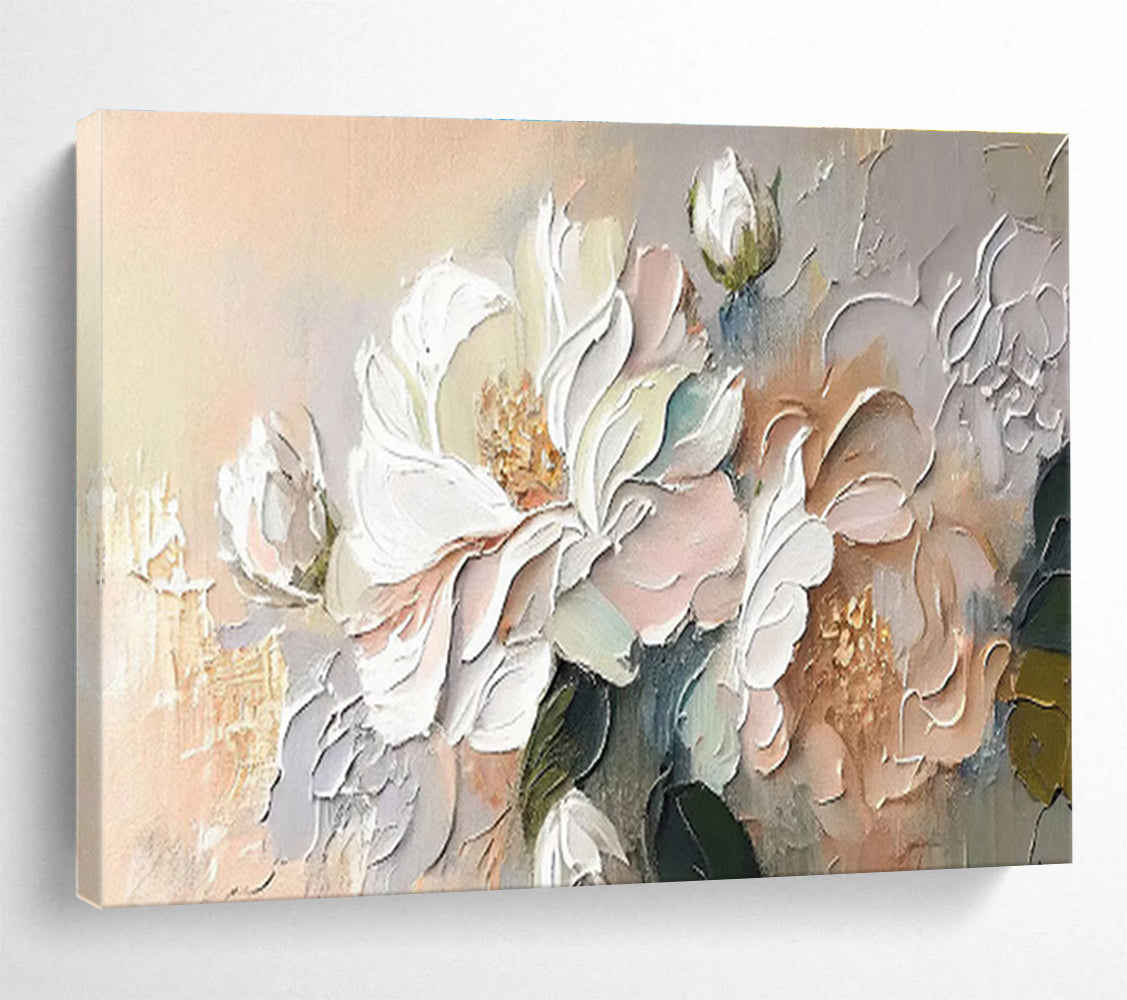 “Soft Blossom Touch” - White, Pink, Beige Textured Floral Impasto Painting On Canvas DKH713