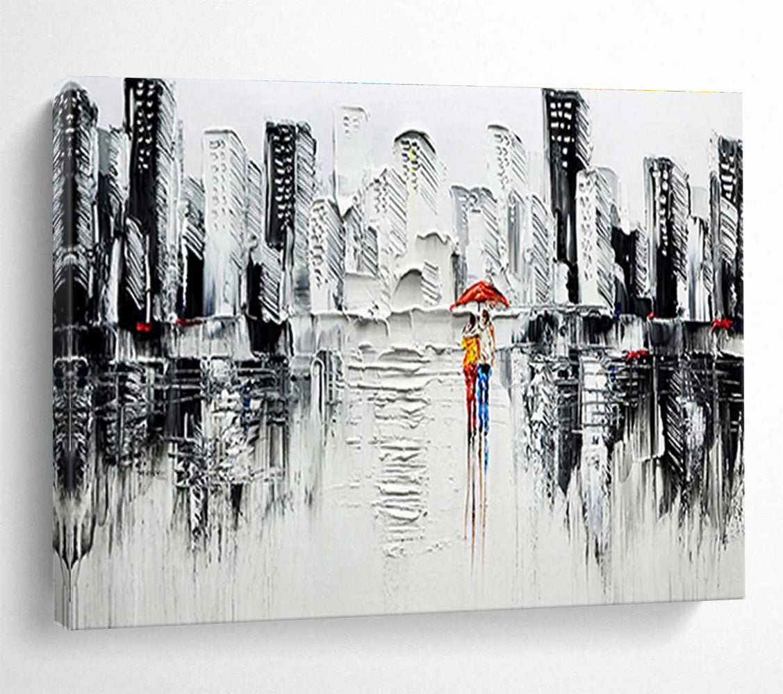 Monochrome City Stroll - Gray, White & Red Urban Painting On Canvas DKH895