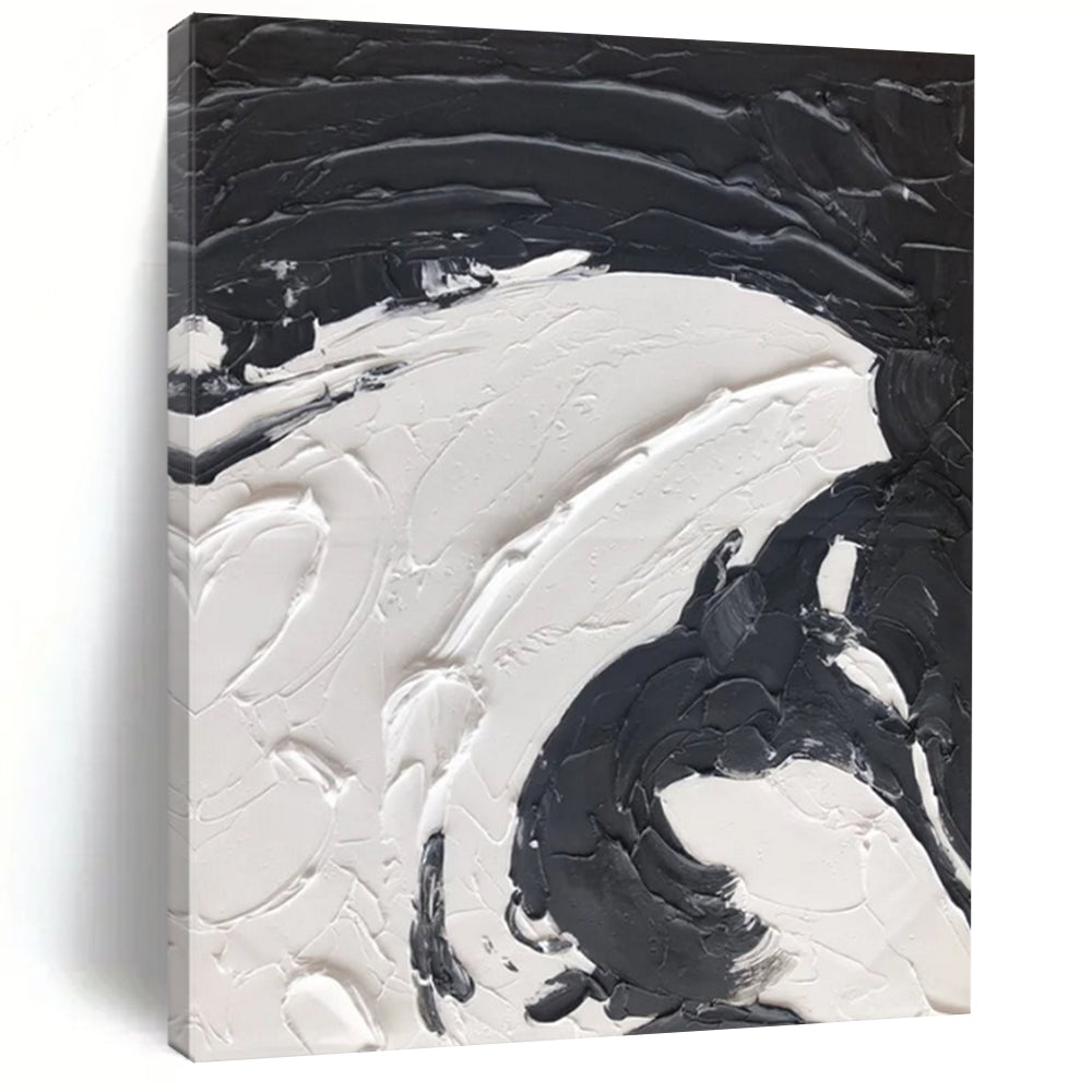 “Black, White Swirl ‘Yin - Yang Motion’” - Abstract Impasto Painting On Canvas DTP393