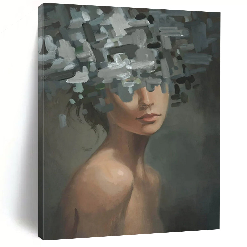 “Gray, Green, White Floral Head ‘Ethereal Veil’” - Figurative Flower Painting On Canvas DTP328