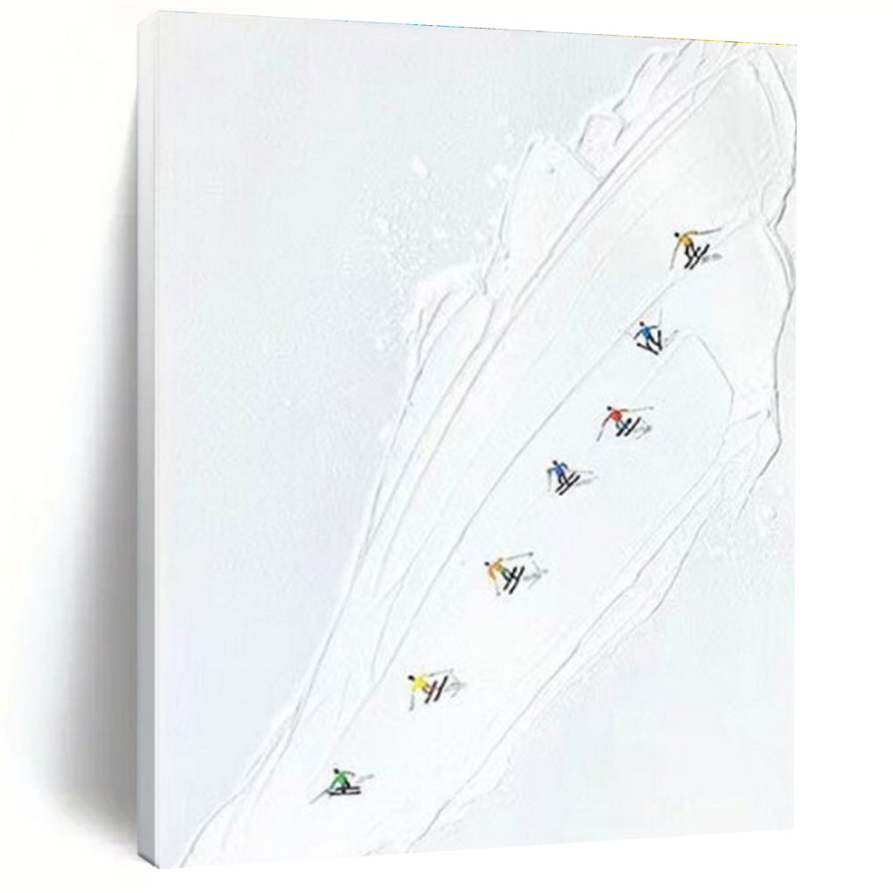 White - based Ski Slope with Colorful Skiers, “Ski Trail Joy” - Minimalist Figurative Acrylic Painting CT0734
