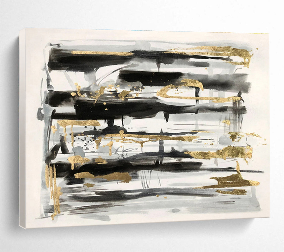 “Black, Gray, and Gold Abstract” - Sophisticated Abstract Painting On Canvas DKH846