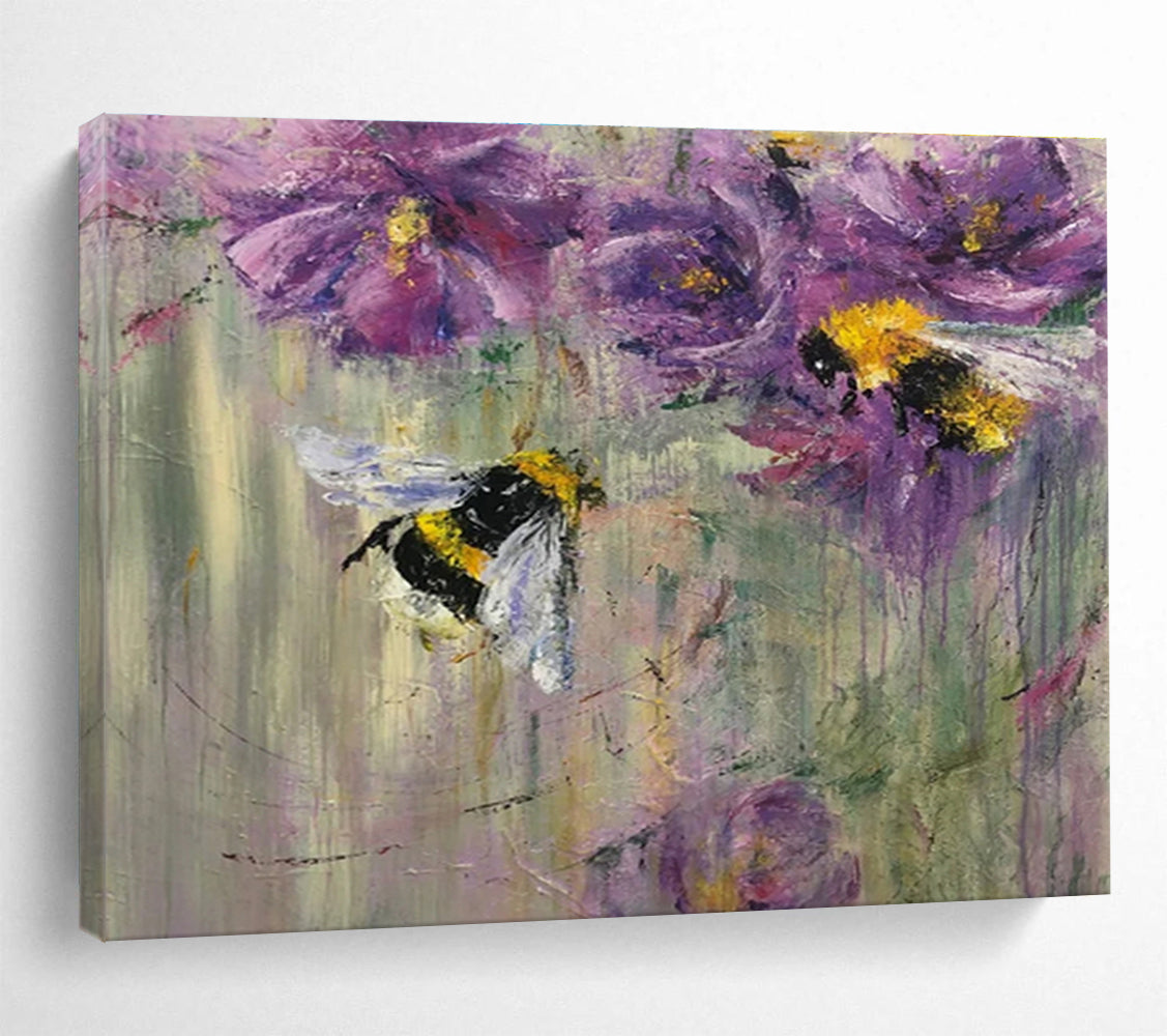 “Buzzy Floral Delight” - Purple, Yellow, Black Bee & Flower Impressionistic Painting On Canvas DKH718