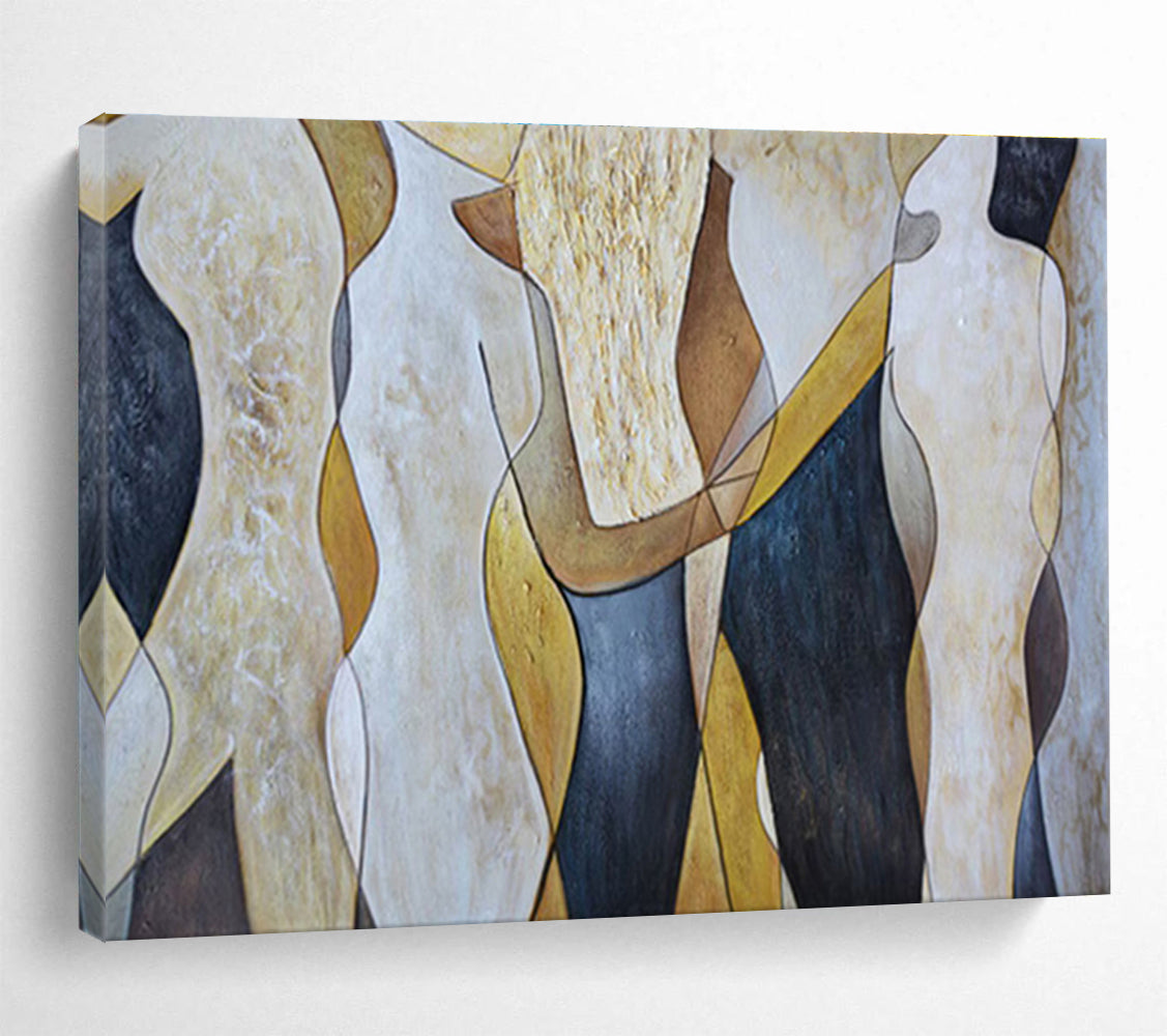“Abstract Figures in Earth Tones” - Brown, Beige, Black Shaped Forms Painting On Canvas DKH731