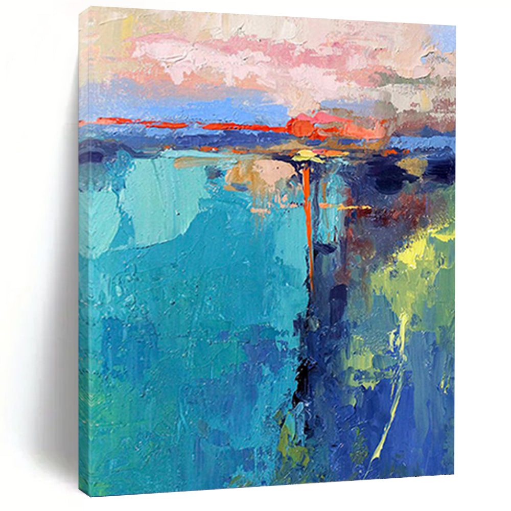 “Colorful Abstract Sunset” - Blue, Pink, Orange & Green Landscape - Inspired Painting On Canvas DKH1030